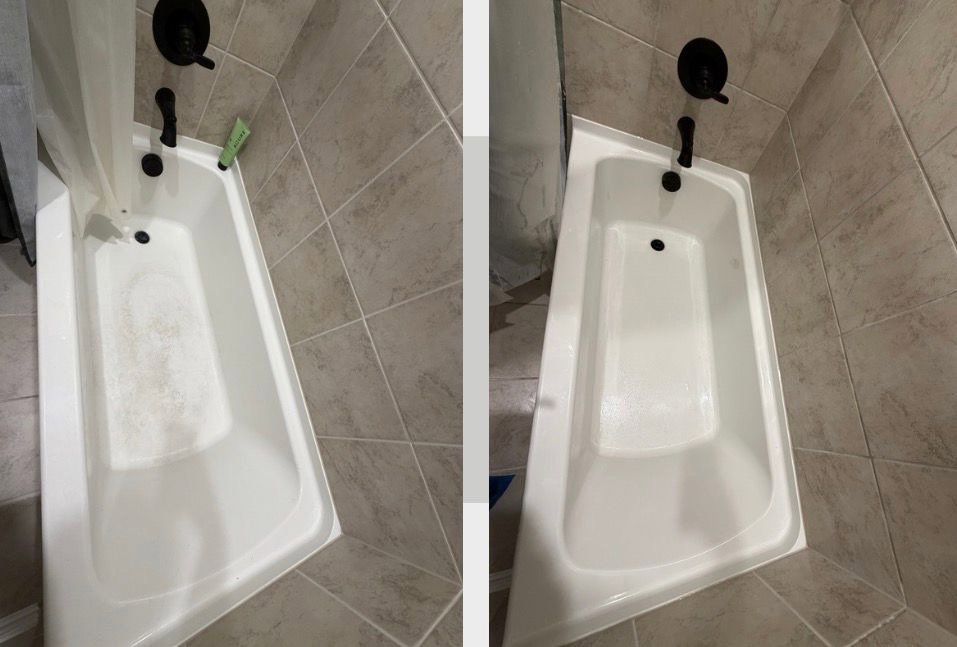 Before and after comparison of a dirty bathroom bathtub cleaned by Olivia Cleaning Services in Fort Worth, TX