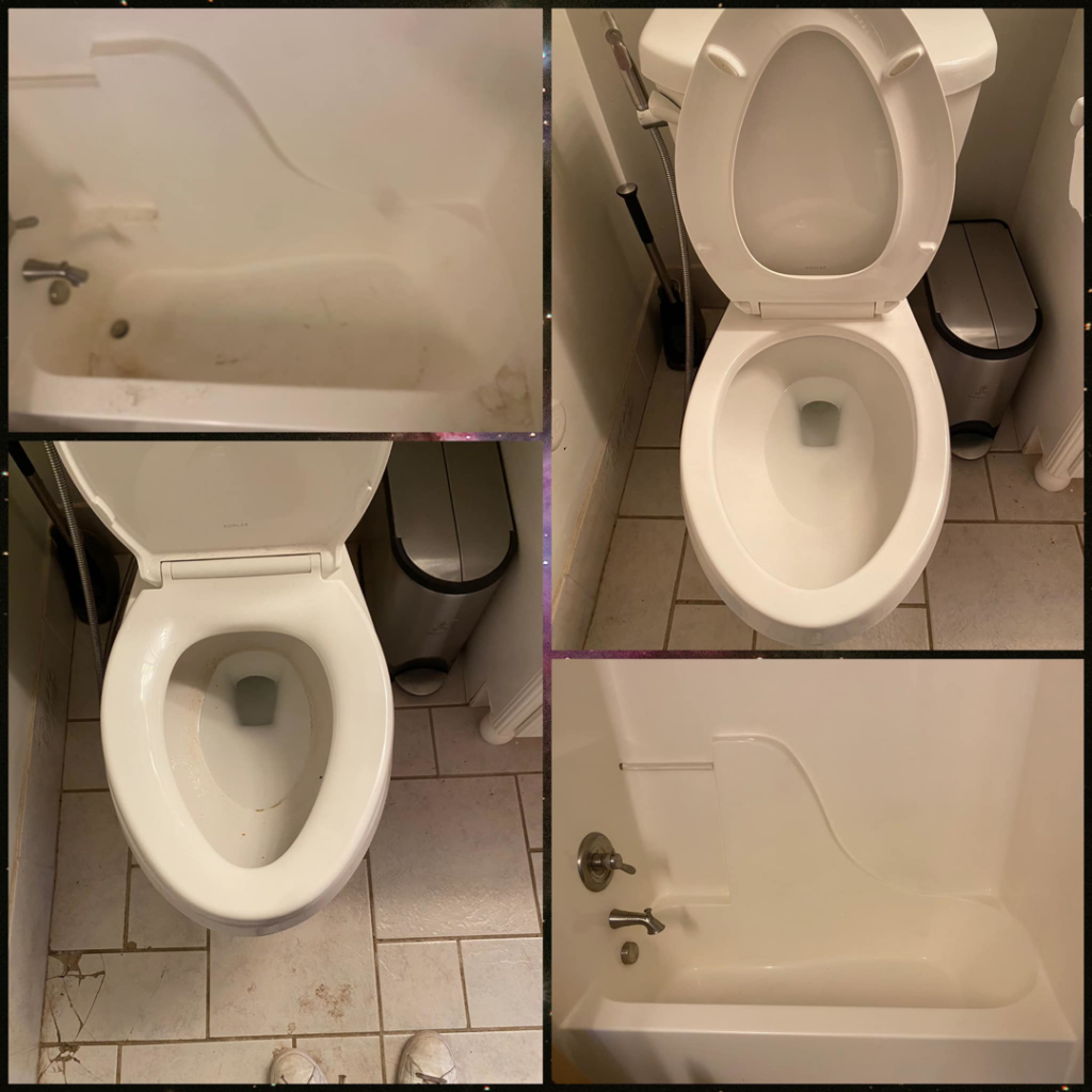 Before and after images showcasing a thoroughly cleaned bathtub and toilet by Alissa's Cleaning Service L.L.C in Indianapolis, IN.