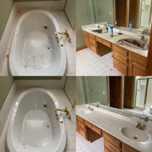 Before and after comparison of a bathroom showing a clean bathtub and vanity by Perfections Quality Cleaning Service in Dayton, OH.