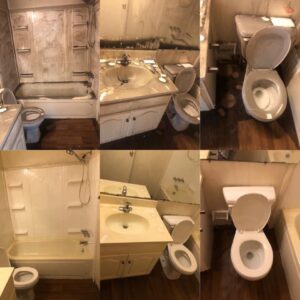 Before and after collage of a bathroom showing a clean bathtub, vanity, and toilet by Perfections Quality Cleaning Service in Dayton, OH.