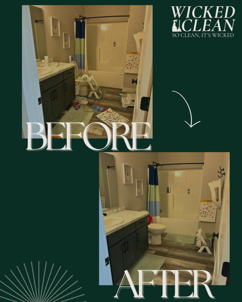 A before and after comparison showing a messy bathroom transformed into a spotless space by Wicked Clean in Bismarck, ND.