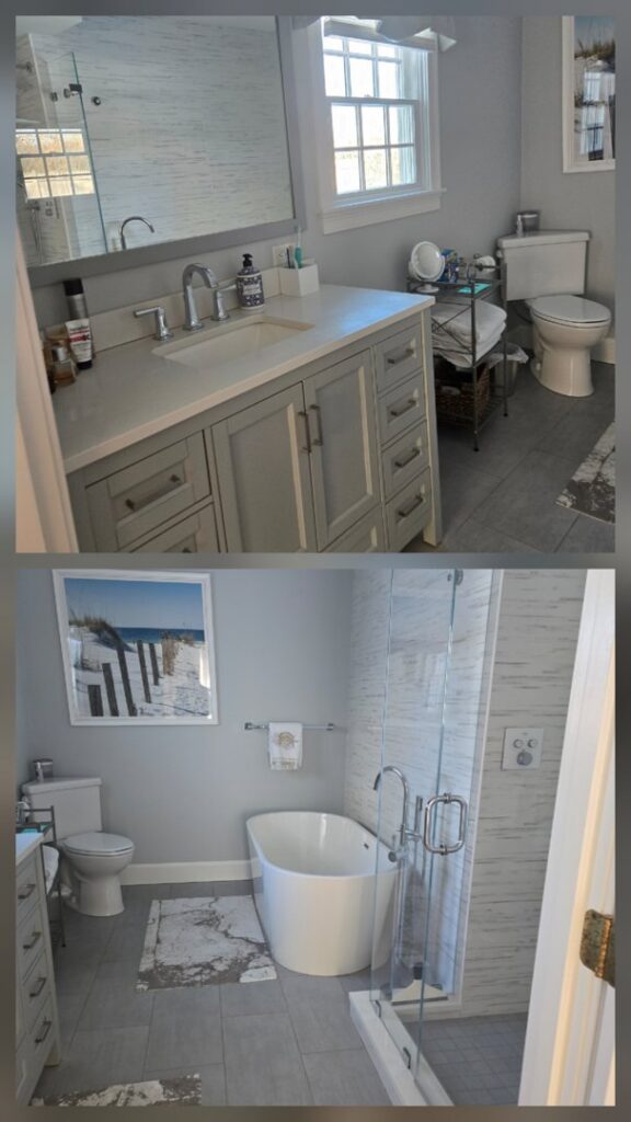 Before and after comparison of a bathroom, showcasing comprehensive deep cleaning services by Solange D Kleaner in New Bedford, MA.