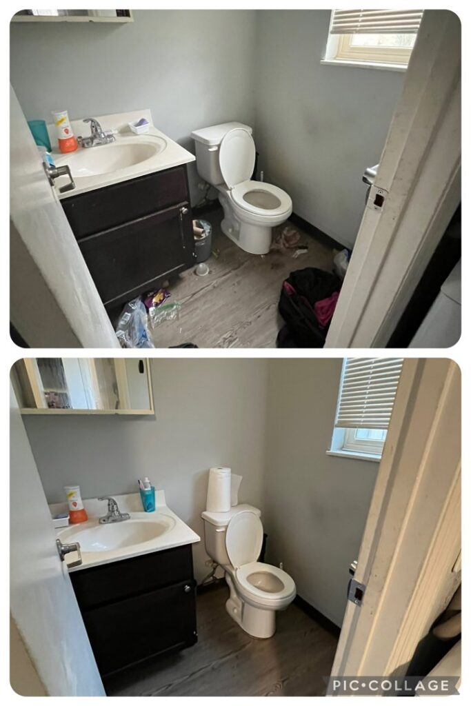 Before and after photos of a bathroom cleaned by ACD Cleaning LLC in Cincinnati, OH, highlighting their professional cleaning service.