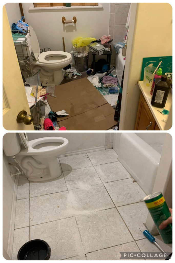 Before and after of a bathroom deep clean by ACD Cleaning LLC in Cincinnati, OH, showing a remarkable transformation.