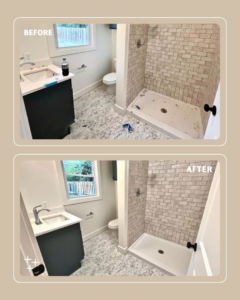 Before and after photos of a bathroom showing professional post-construction cleaning by Copper Hill Cleaning LLC in Manhattan, KS.
