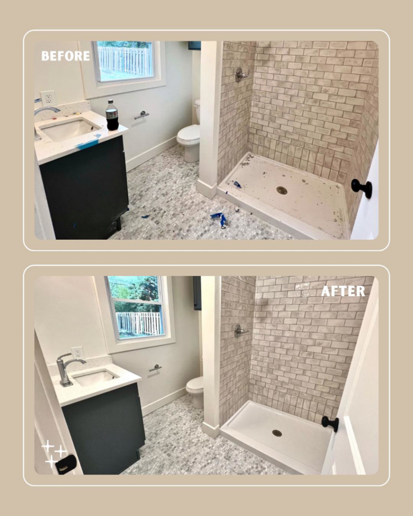 Before and after photos of a bathroom showing professional post-construction cleaning by Copper Hill Cleaning LLC in Manhattan, KS.