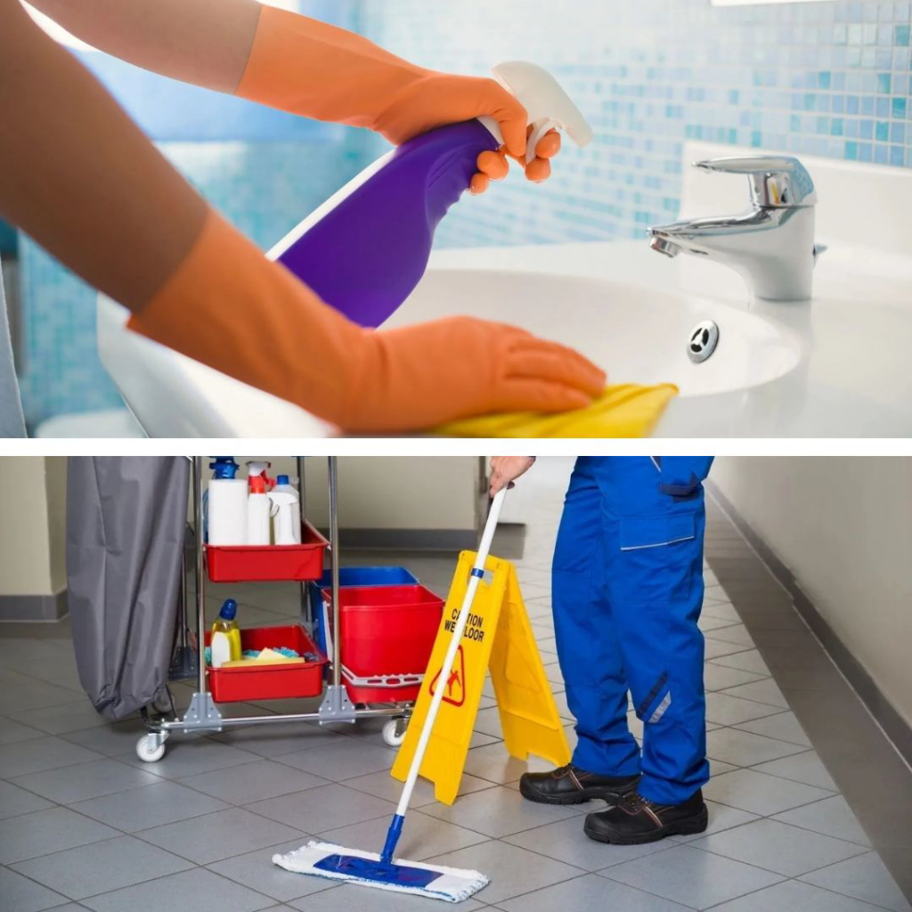 A split image showing hands cleaning a bathroom sink and a professional mopping a floor for Clean Home Nash in Nashville, TN.