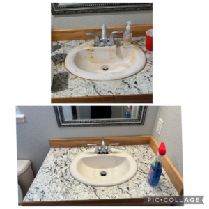 Before and after comparison of a professionally cleaned bathroom sink and countertop by Lavender & Lux Cleaning LLC in Wasilla, AK