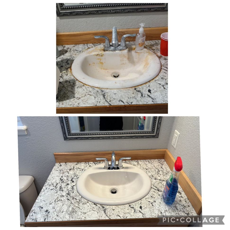 Before and after comparison of a professionally cleaned bathroom sink and countertop by Lavender & Lux Cleaning LLC in Wasilla, AK