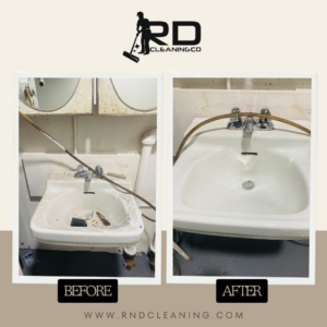 A dirty bathroom sink before and a sparkling clean sink after service by R&D Cleaning Co. in Rolla, MO
