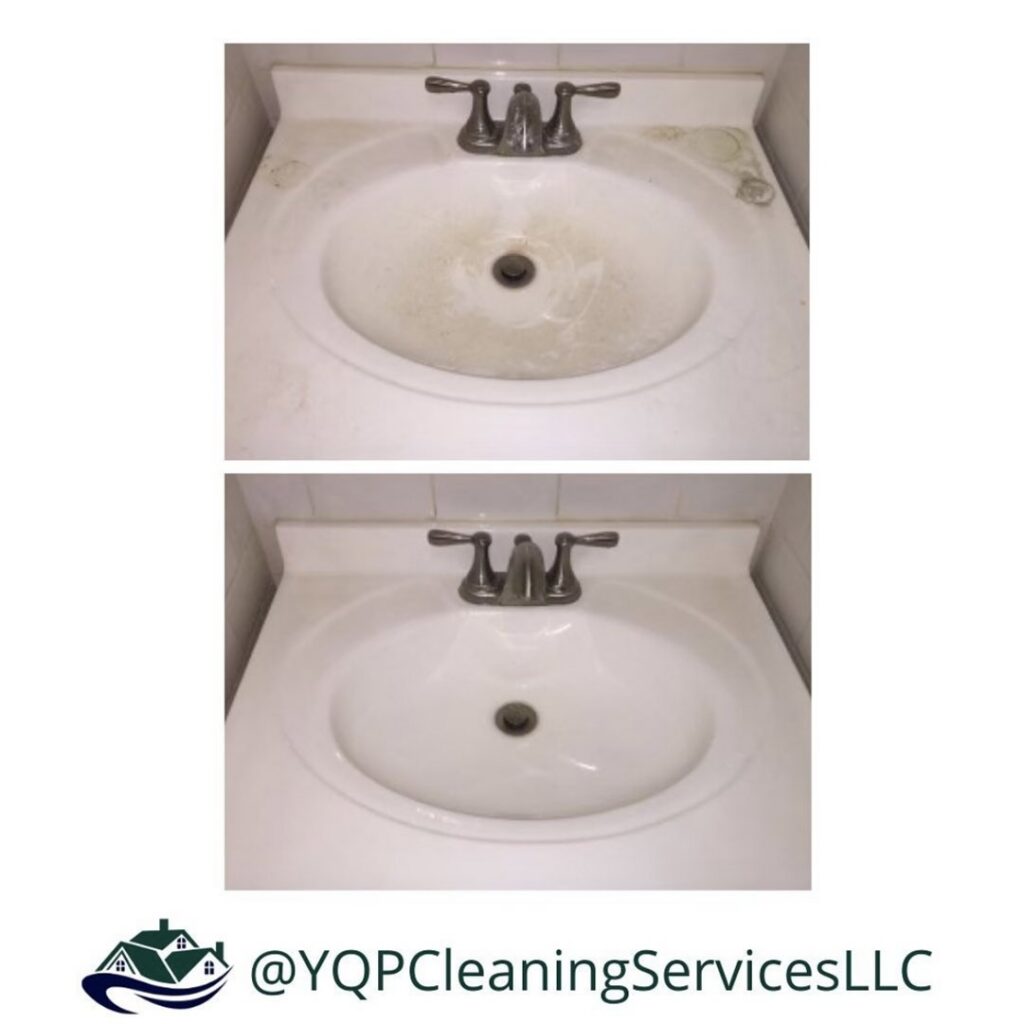 Before and after comparison of a dirty bathroom sink transformed by professional cleaning from YQP Cleaning Services in Miami, FL.