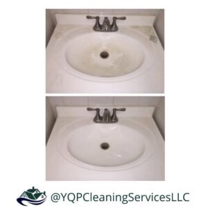 Before and after comparison of a dirty bathroom sink transformed by professional cleaning from YQP Cleaning Services in Miami, FL.