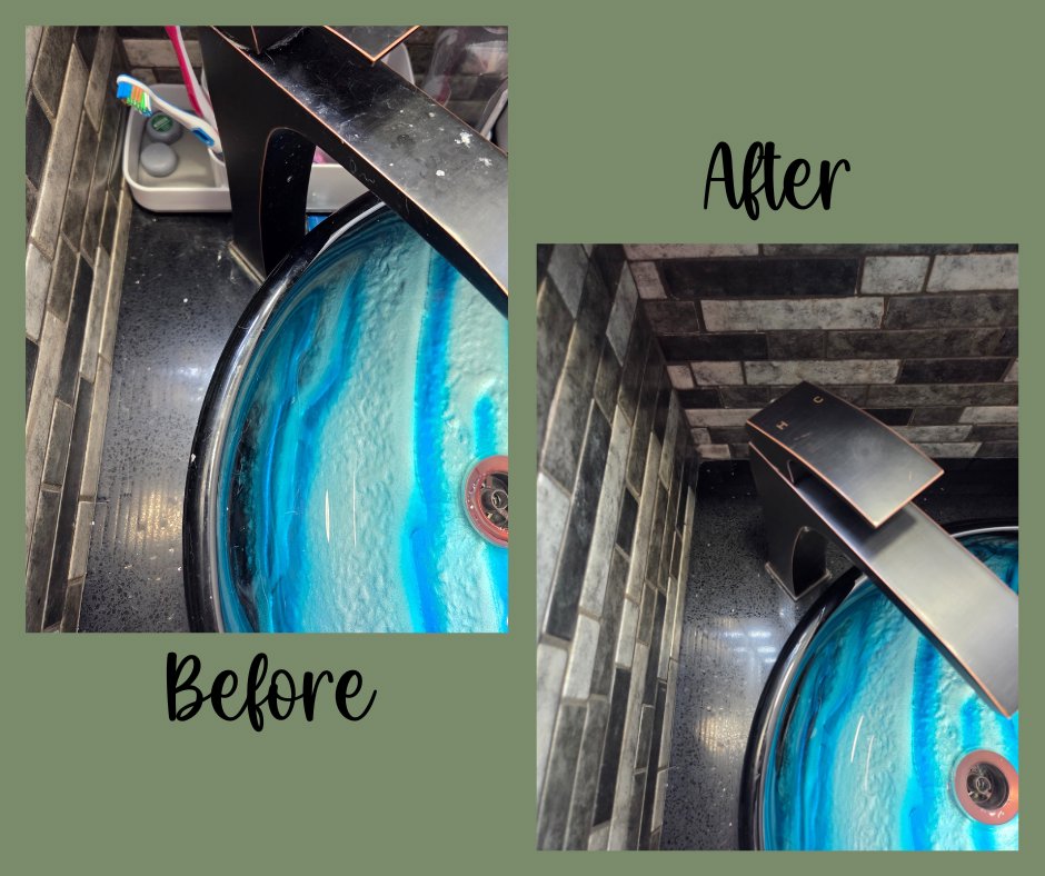 A bathroom sink and faucet looking spotless in a before and after cleaning by Eternal Blossom Cleaning Services in Tulsa, OK