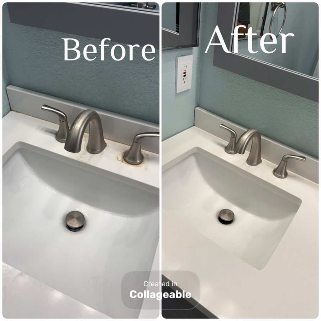 Before and after cleaning of a bathroom sink and faucet by DG Cleaning Solutions in Sacramento, CA.