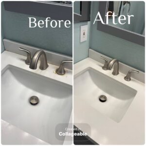 Before and after cleaning of a bathroom sink and faucet by DG Cleaning Solutions in Sacramento, CA.