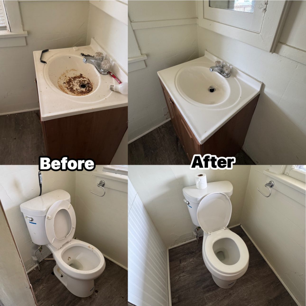 A before and after comparison of a bathroom sink and toilet, showing them thoroughly cleaned by Dream Cleaning & More in Davenport, IA.