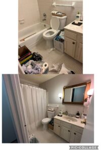 Before and after photos of a bathroom with white tile flooring cleaned by ACD Cleaning LLC in Cincinnati, OH.