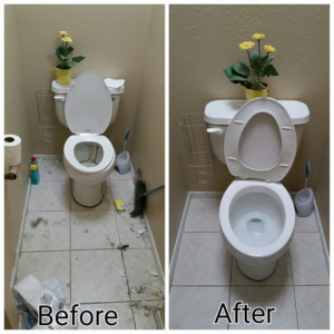Before and after photos of a bathroom toilet area cleaned by Mountain View Cleaners in Albuquerque, NM