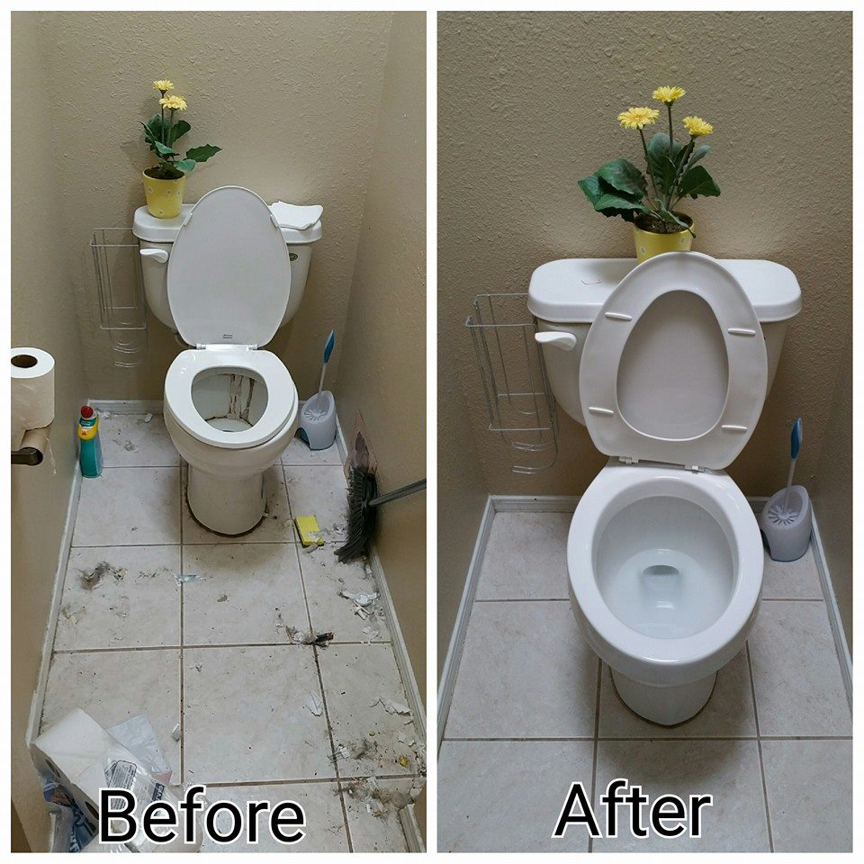 Before and after photos of a bathroom toilet area cleaned by Mountain View Cleaners in Albuquerque, NM