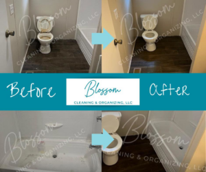 Before and after of a bathroom, showing a dirty toilet and bathtub cleaned by Blossom Cleaning & Organizing LLC, South Bend, IN.