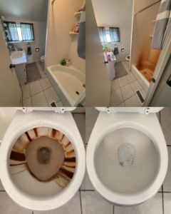 Before and after views of a thoroughly cleaned bathroom and toilet by Sheridan Spotless Spaces, LLC in Sheridan, WY.