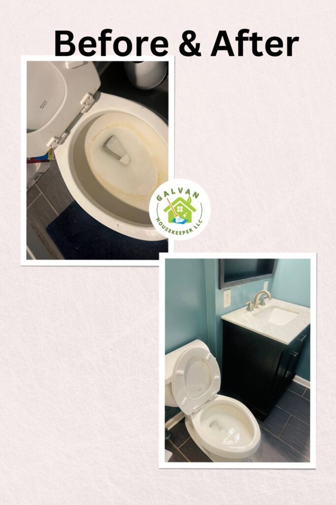 Before and after photos of a bathroom toilet and sink, showcasing cleaning by Galvanhousekeeper LLC in Roanoke, VA