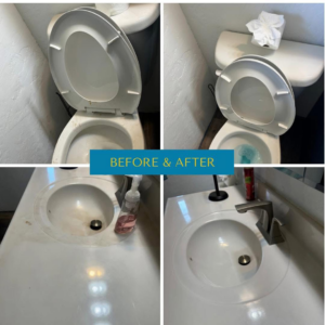 Before and after photos of a sparkling clean bathroom toilet and sink by Okie Clean Bee in Tulsa, OK