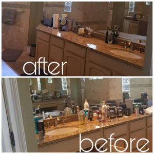 Before and after comparison of a sparkling clean bathroom vanity by Joann Cleaning Services in Miami, FL.