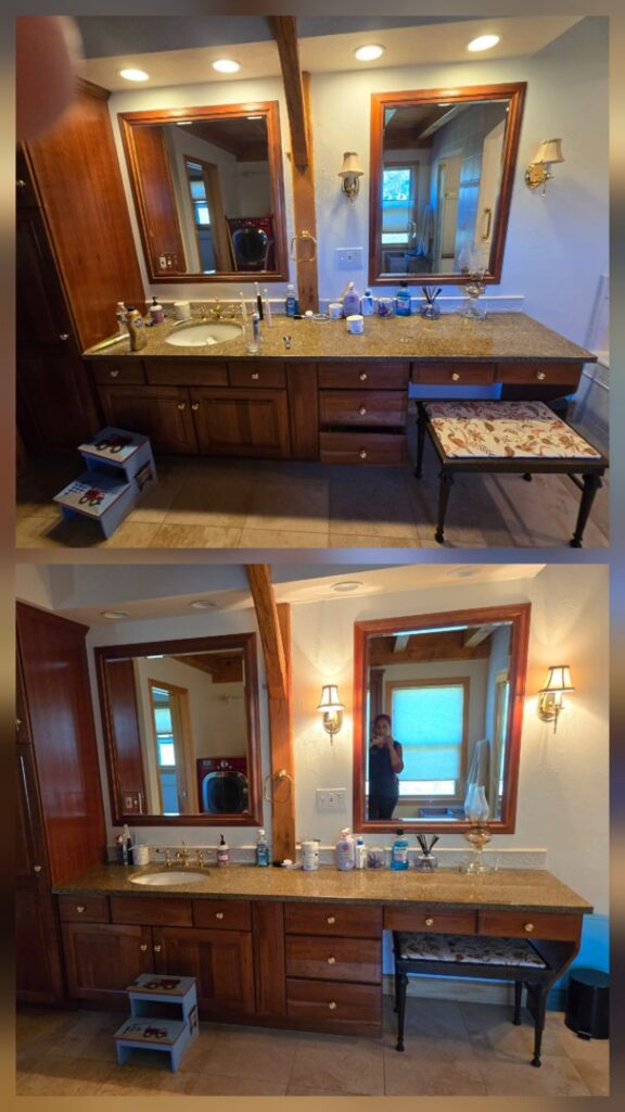 Before and after comparison of a bathroom vanity, showcasing professional cleaning services by Solange D Kleaner in New Bedford, MA.