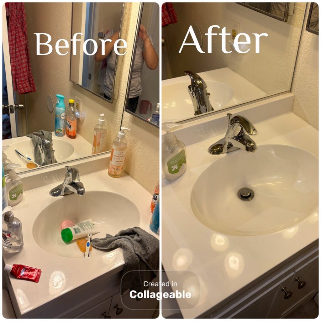 Before and after cleaning of a bathroom vanity sink by DG Cleaning Solutions in Sacramento, CA.