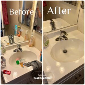 Before and after cleaning of a bathroom vanity sink by DG Cleaning Solutions in Sacramento, CA.