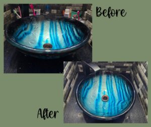 A beautiful blue vessel sink sparkling clean in a before and after by Eternal Blossom Cleaning Services in Tulsa, OK
