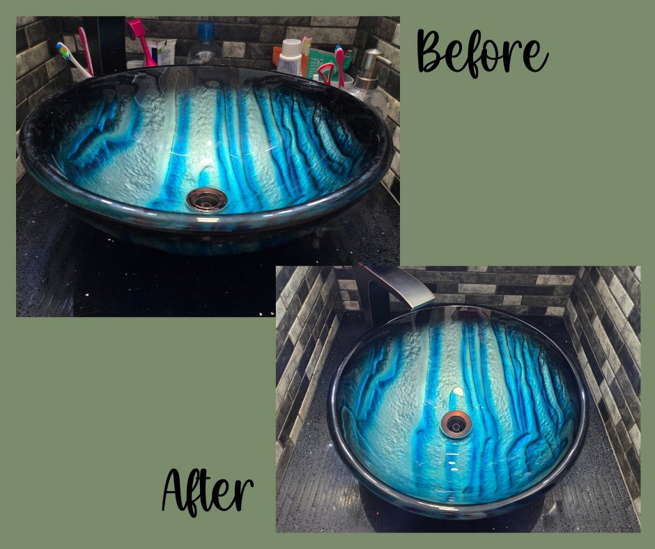 A beautiful blue vessel sink sparkling clean in a before and after by Eternal Blossom Cleaning Services in Tulsa, OK