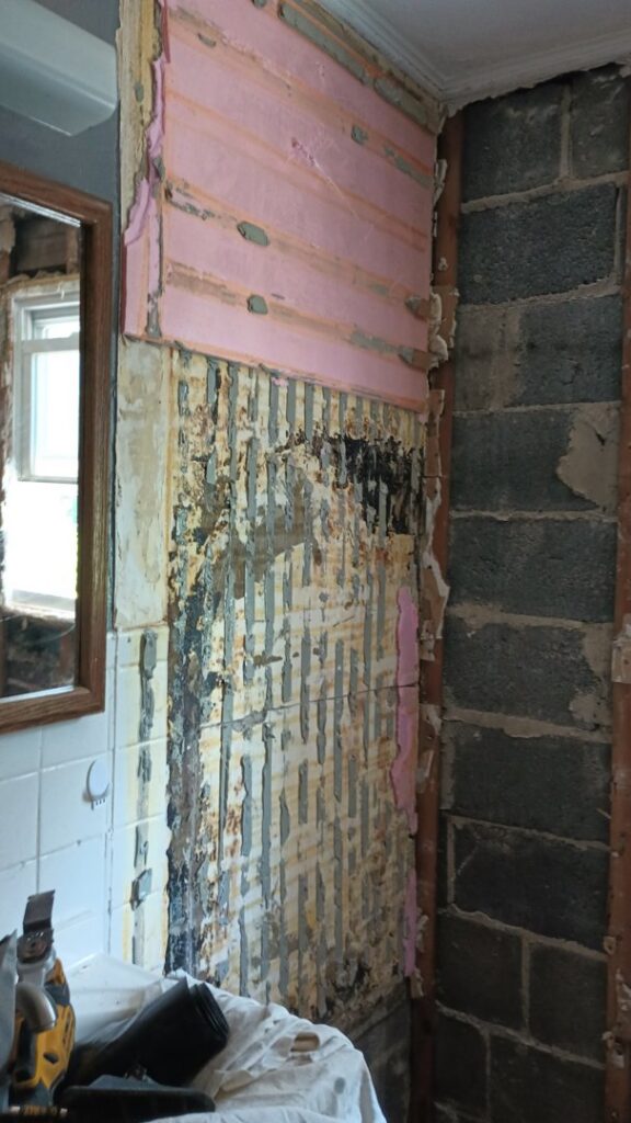 Bathroom wall with plaster and lath removed, exposing brick and studs, showing signs of water damage remediation by Simon Says Do It, LLC in New Castle, DE.