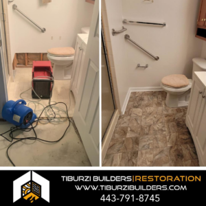 Before and after photo of a bathroom undergoing water damage drying and restoration by Tiburzi Builders in Hagerstown, MD.