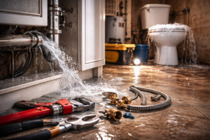 A bathroom with severe water damage from leaking pipes and an overflowing toilet, by Olive Branch Plumbing Co in Olive Branch, MS.