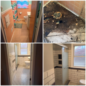 Before and after photos of a bathroom water damage restoration project by H2O Pros Water Restoration Services in Westland, MI, showing damaged subfloor and new tiling.
