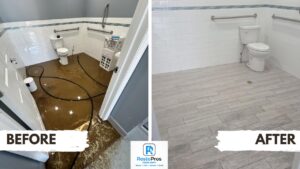 Before and after photos of a bathroom showing water damage restoration by RestoPros Hudson County in Jersey City, NJ.
