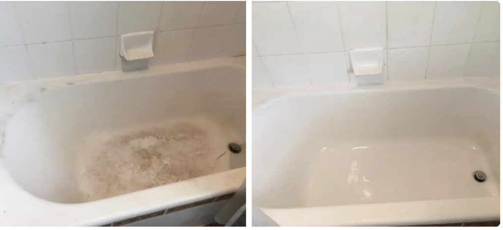 A before and after comparison of a bathtub, showing it cleaned from dirty and stained to pristine by Merriweather Cleaning and Laundry in Vancouver, WA.