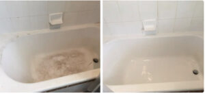 A before and after comparison of a bathtub, showing it cleaned from dirty and stained to pristine by Merriweather Cleaning and Laundry in Vancouver, WA.
