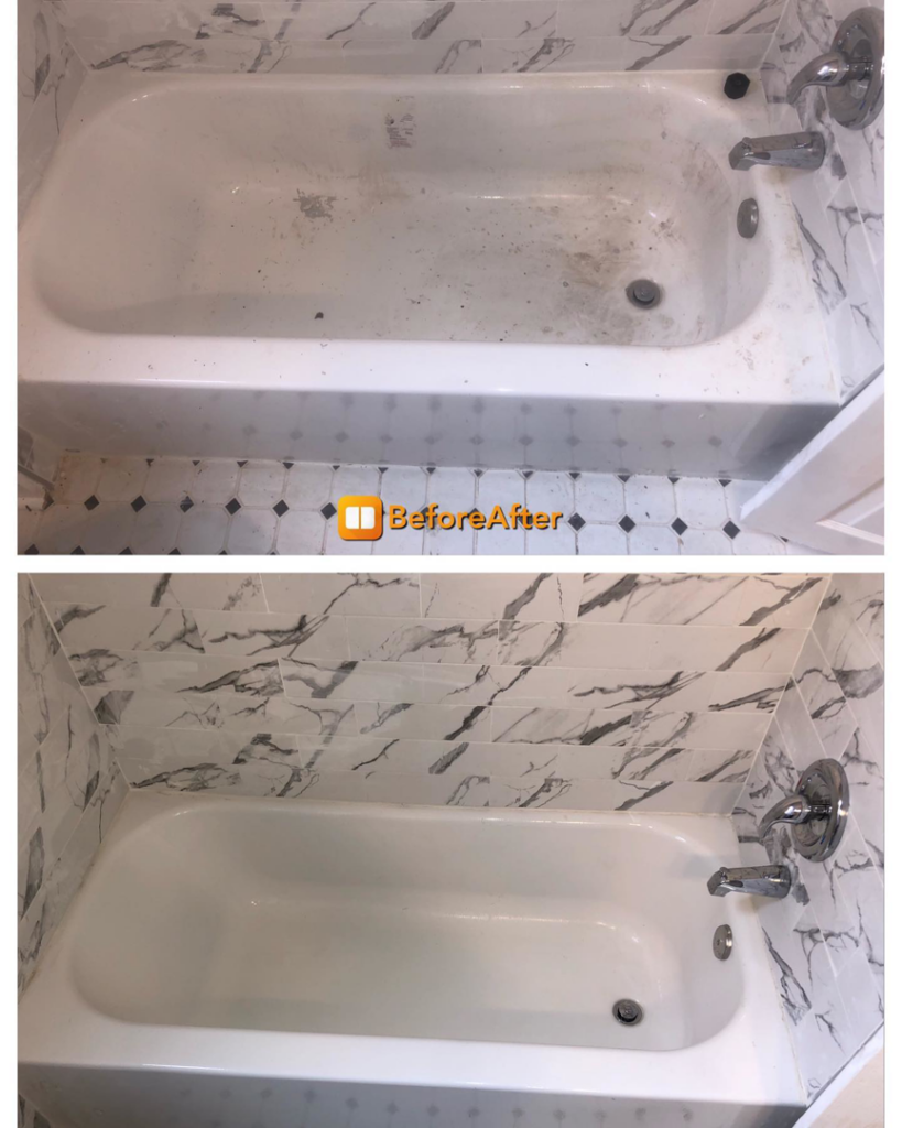 A before and after comparison showing a dirty bathtub transformed into a spotless one by SOS Spotless in Philadelphia, PA.