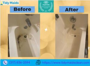 A before and after comparison of a bathtub, showing it thoroughly cleaned by Tidy Maids Clean in Indianapolis, IN.