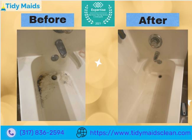 A before and after comparison of a bathtub, showing it thoroughly cleaned by Tidy Maids Clean in Indianapolis, IN.