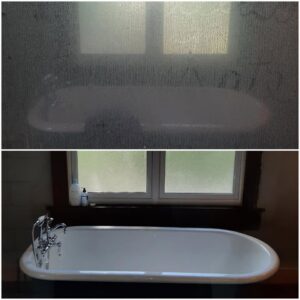 Before and after comparison of a bathtub, showing effective cleaning services by Jessie Clean in Indianapolis, IN.