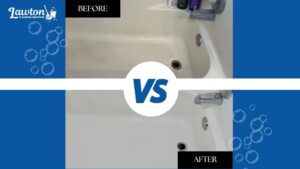 Before and after comparison of a bathtub, transformed from dirty to sparkling clean by Lawton Cleaning Services in Lawton, OK
