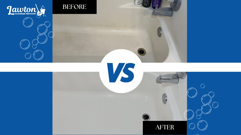 Before and after comparison of a bathtub, transformed from dirty to sparkling clean by Lawton Cleaning Services in Lawton, OK