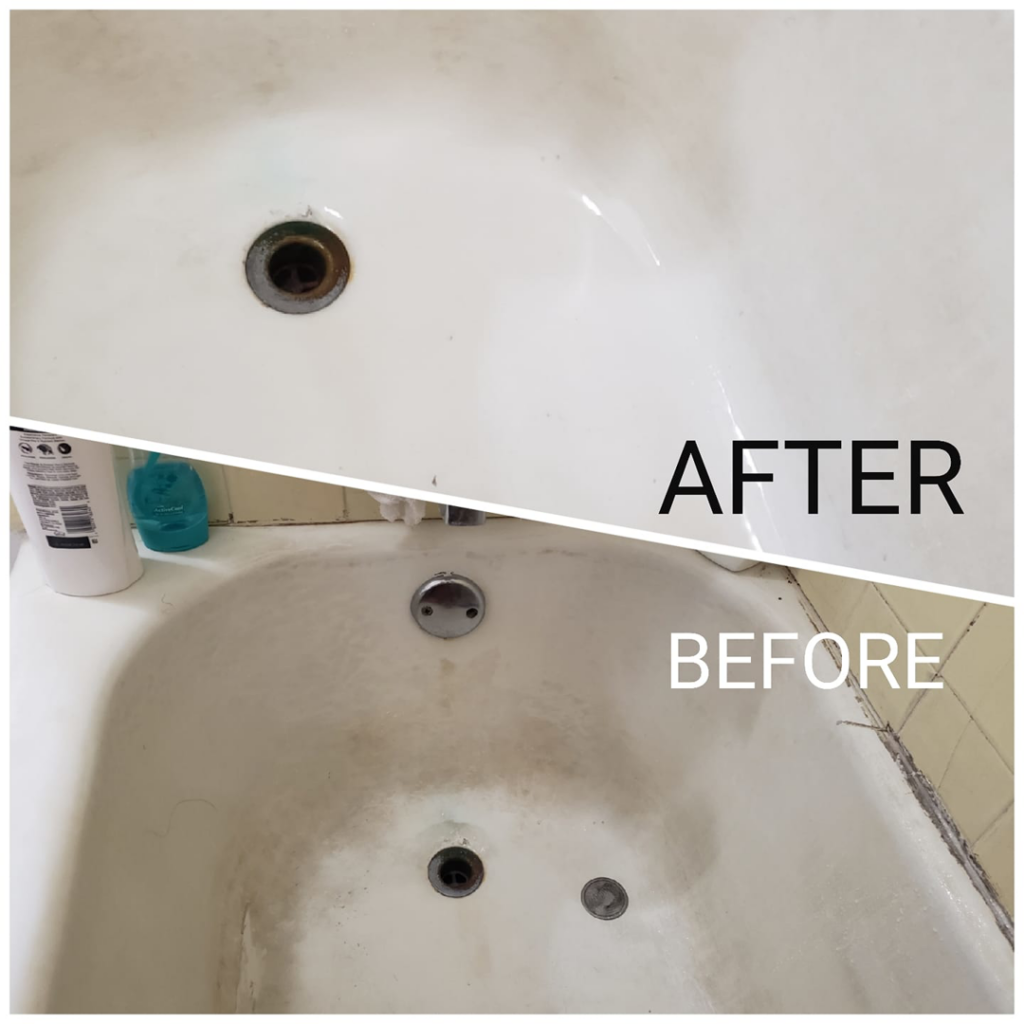 Before and after comparison of a bathtub cleaning service by Malama Nui Cleaning Services in Honolulu, HI, showing a sparkling clean result.
