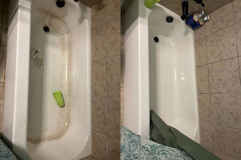 Before and after comparison of a dirty bathtub cleaned by Olivia Cleaning Services in Fort Worth, TX