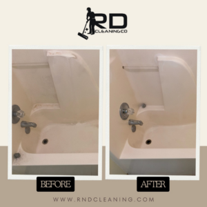 A dirty bathtub before and a sparkling clean bathtub after service by R&D Cleaning Co. in Rolla, MO