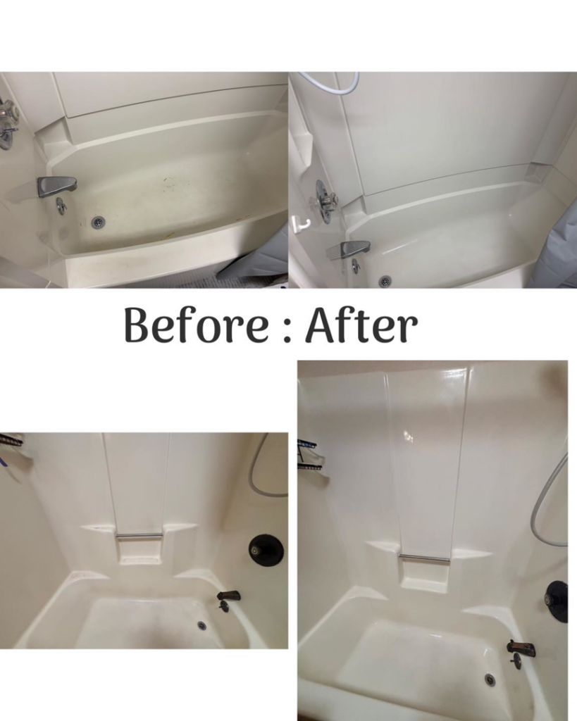 Before and after photos of a sparkling clean bathtub, showcasing house cleaning services by Sheridan Spotless Spaces, LLC in Sheridan, WY.